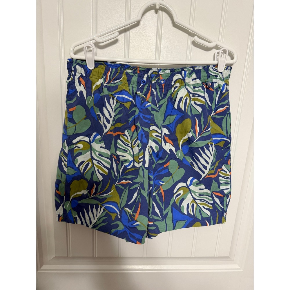 Eddie Bauer Swim Trunks Mens Large Blue Green Tropical Leaf Print EUC